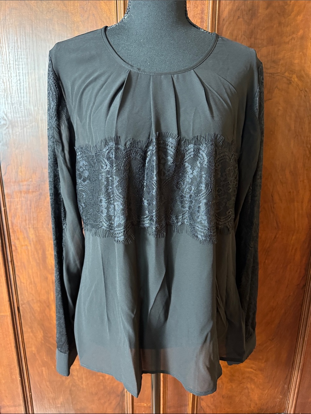 Kardashian Kollection Black Sheer Lace-Trim Blouse
